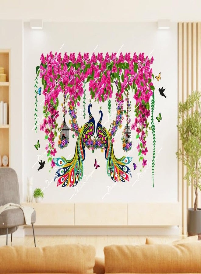 DivineDesigns PVC Vinyl Summer Pink Flowers Cage & Two Peacocks on Branch Self-Adhesive Wall Sticker for Home Decor/Decoration Living Room (Multicolor) - Image 2